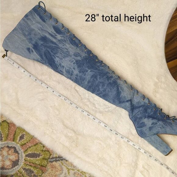 Club Exx Legacy Denim Blue Over the Knee Lace Up Heeled Boots US Size 7 - Picture 10 of 10